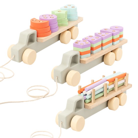 Young children early education Montessori wooden 2-in-1 macaron shape matching set column drag small train educational toy