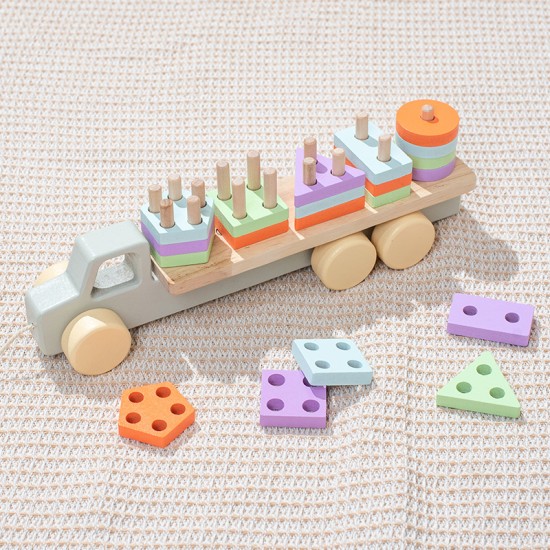 Young children early education Montessori wooden 2-in-1 macaron shape matching set column drag small train educational toy