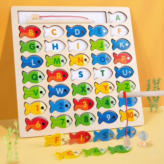 New wooden magnetic fishing log board number alphabet Mosaic board children's fishing game baby parent-child interactive play